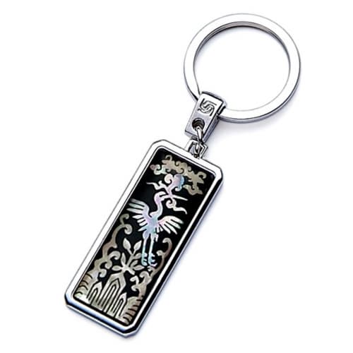 Mother of Pearl Key Chain with Crane and Cloud Design